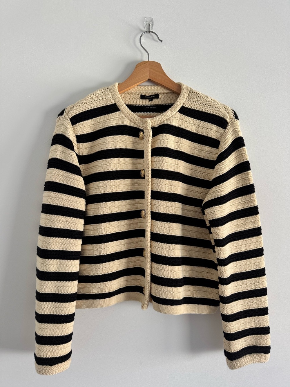 Massimo Dutti Cream and Black Striped Button Cardigan